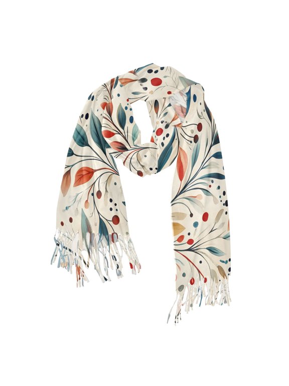 Womens Scarf Winter Soft Long Big Warm Shawls Wrap Tassel Scarves, Beige Whimsical Leaves