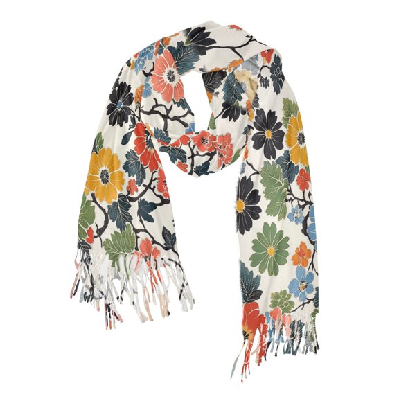 FORMRS Womens Scarf Winter Soft Long Big Warm Shawls Wrap Tassel Scarves, Black Flowers Pattern