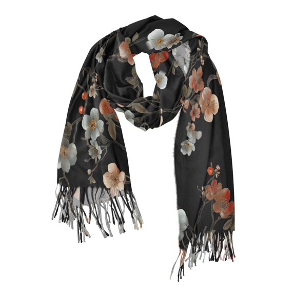 FORMRS Womens Scarf Winter Soft Long Big Warm Shawls Wrap Tassel Scarves, Black Flowers