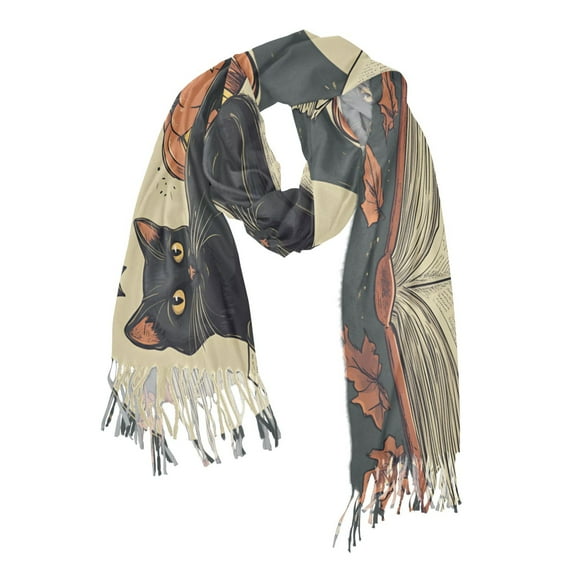 FORMRS Womens Scarf Winter Soft Long Big Warm Shawls Wrap Tassel Scarves, Black Halloween Cat