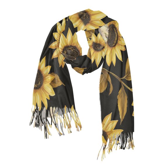 FORMRS Womens Scarf Winter Soft Long Big Warm Shawls Wrap Tassel Scarves, Black Sunflower Pattern
