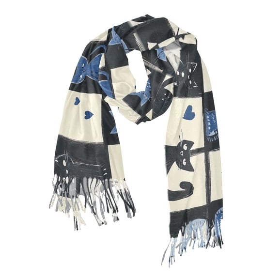 FORMRS Womens Scarf Winter Soft Long Big Warm Shawls Wrap Tassel Scarves, Black and Blue Cat