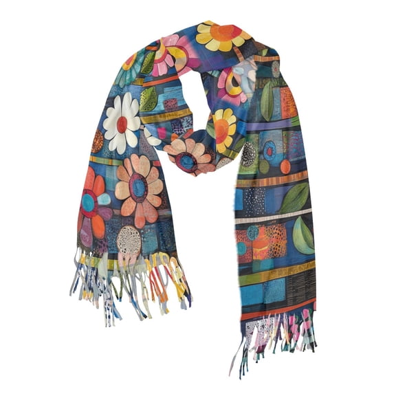 FORMRS Womens Scarf Winter Soft Long Big Warm Shawls Wrap Tassel Scarves, Blue Colorful Flowers