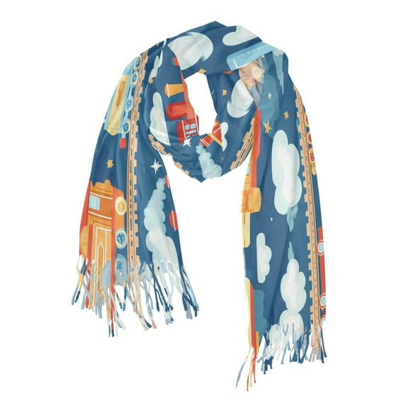 FORMRS Womens Scarf Winter Soft Long Big Warm Shawls Wrap Tassel Scarves, Blue Cute Train Pattern