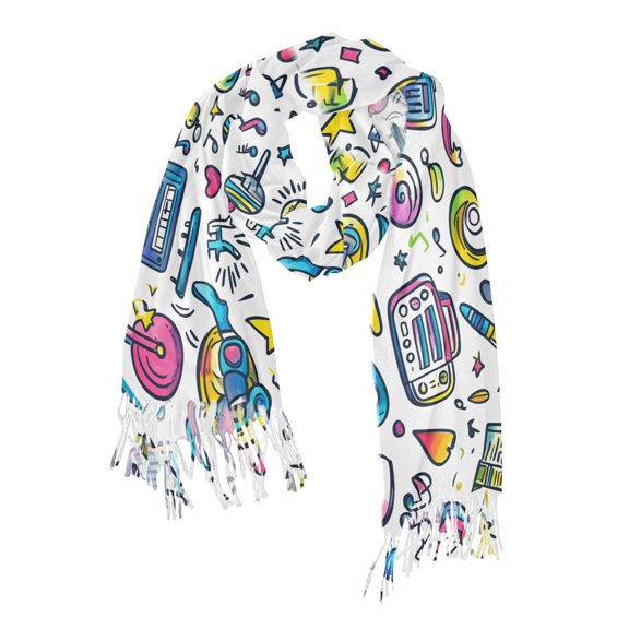 FORMRS Womens Scarf Winter Soft Long Big Warm Shawls Wrap Tassel Scarves, Blue Doodle Pattern