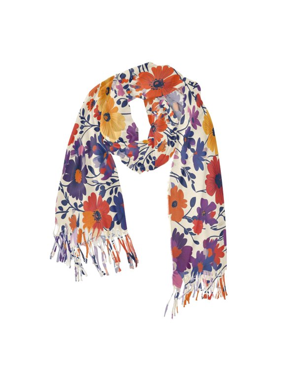 Womens Scarf Winter Soft Long Big Warm Shawls Wrap Tassel Scarves, Colorful Flowers Pattern