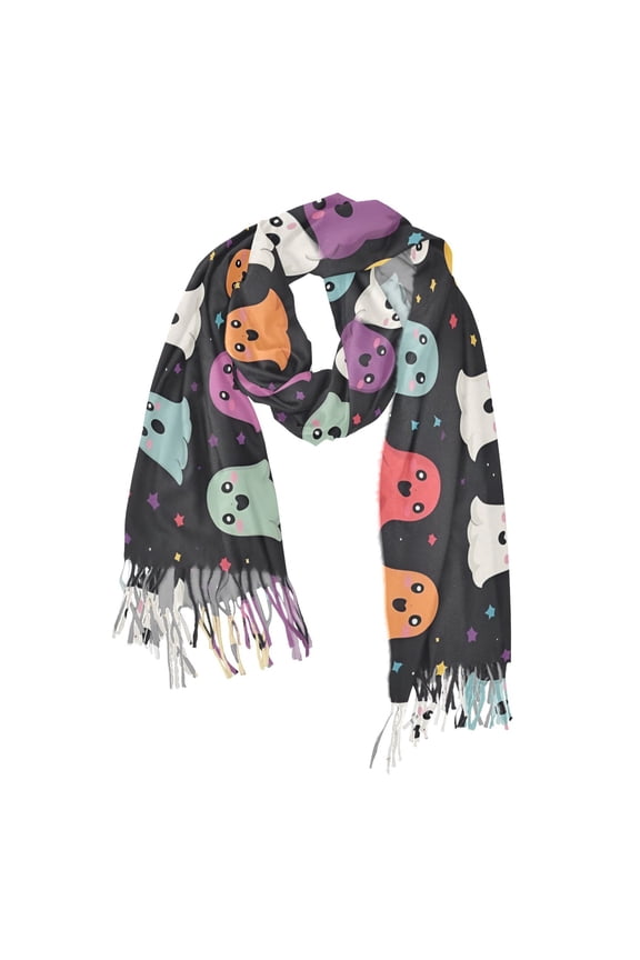 Womens Scarf Winter Soft Long Big Warm Shawls Wrap Tassel Scarves, Colorful Halloween Ghost