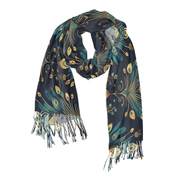 FORMRS Womens Scarf Winter Soft Long Big Warm Shawls Wrap Tassel Scarves, Gold Peacock Pattern