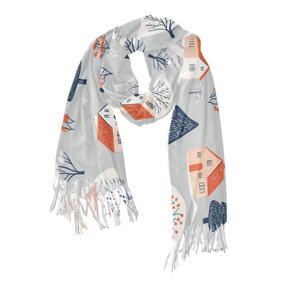 FORMRS Womens Scarf Winter Soft Long Big Warm Shawls Wrap Tassel Scarves, Gray Cartoon Houses