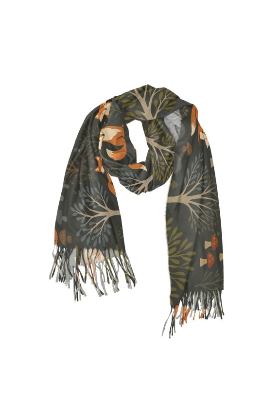 Womens Scarf Winter Soft Long Big Warm Shawls Wrap Tassel Scarves, Green Forest Fox Pattern