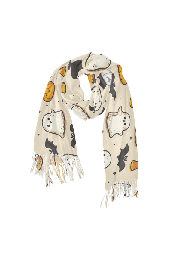 Womens Scarf Winter Soft Long Big Warm Shawls Wrap Tassel Scarves, Halloween Cute Ghosts