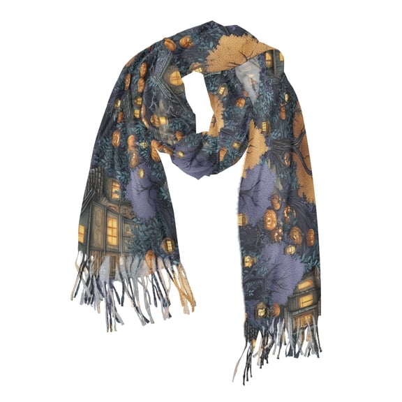 FORMRS Womens Scarf Winter Soft Long Big Warm Shawls Wrap Tassel Scarves, Halloween Houses Pattern