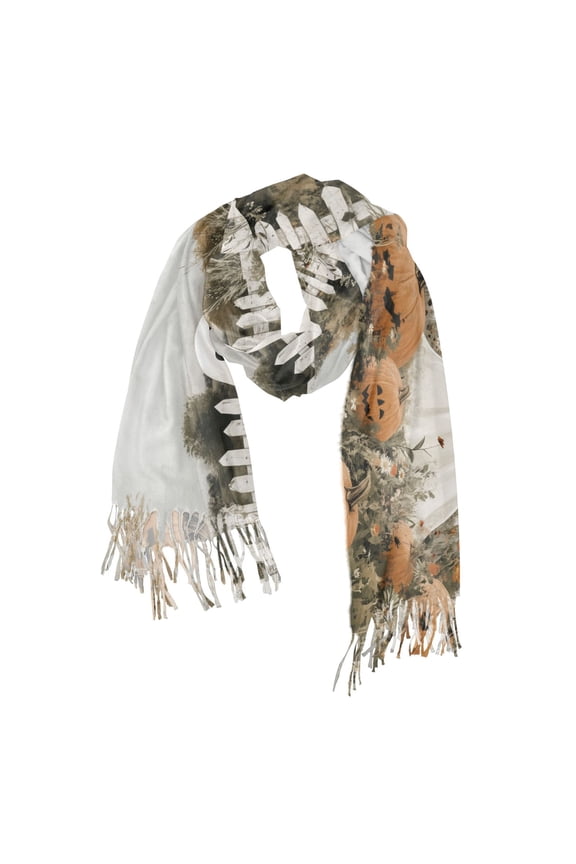 Womens Scarf Winter Soft Long Big Warm Shawls Wrap Tassel Scarves, Halloween Pumpkin Field