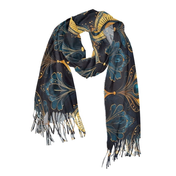 FORMRS Womens Scarf Winter Soft Long Big Warm Shawls Wrap Tassel Scarves, Navy Blue Art Pattern