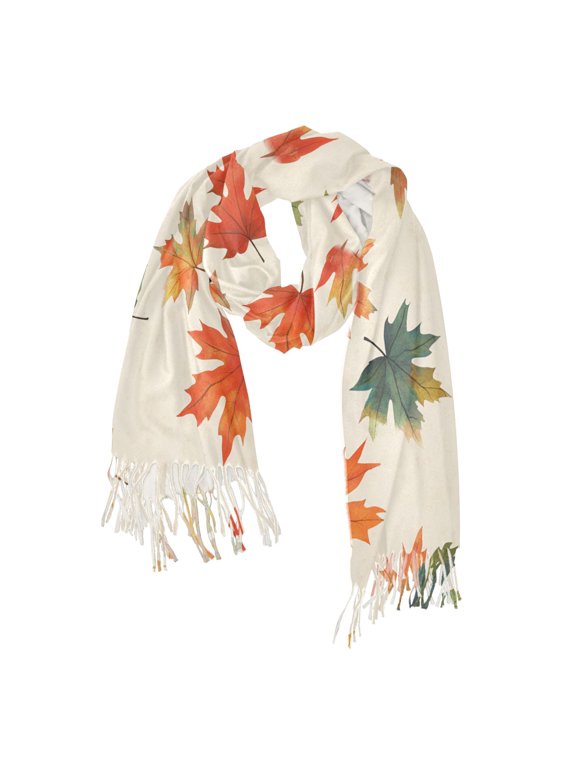 Womens Scarf Winter Soft Long Big Warm Shawls Wrap Tassel Scarves, Orange Autumn Leaves