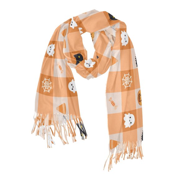 FORMRS Womens Scarf Winter Soft Long Big Warm Shawls Wrap Tassel Scarves, Orange Ghost Plaid Pattern