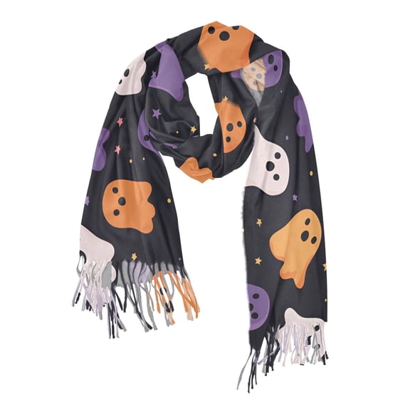 FORMRS Womens Scarf Winter Soft Long Big Warm Shawls Wrap Tassel Scarves, Orange Halloween Ghosts
