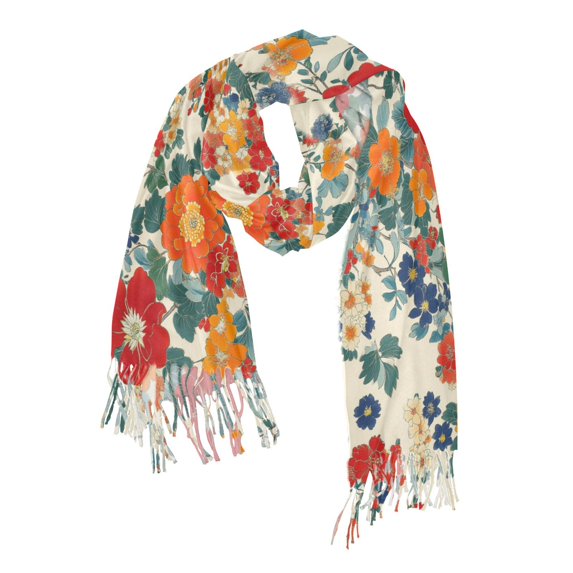 FORMRS Womens Scarf Winter Soft Long Big Warm Shawls Wrap Tassel Scarves, Orange Japanese Flowers Pattern