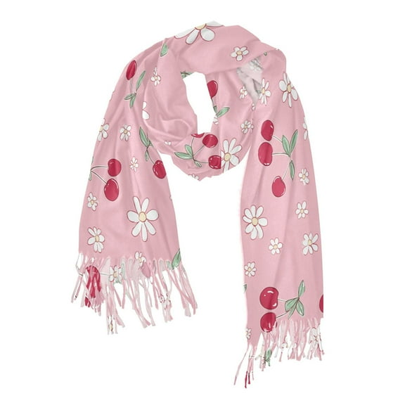 FORMRS Womens Scarf Winter Soft Long Big Warm Shawls Wrap Tassel Scarves, Pink Cute Cherry Pattern