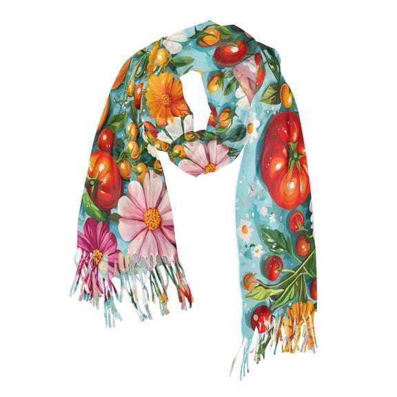 FORMRS Womens Scarf Winter Soft Long Big Warm Shawls Wrap Tassel Scarves, Pink Floral Tomatoes
