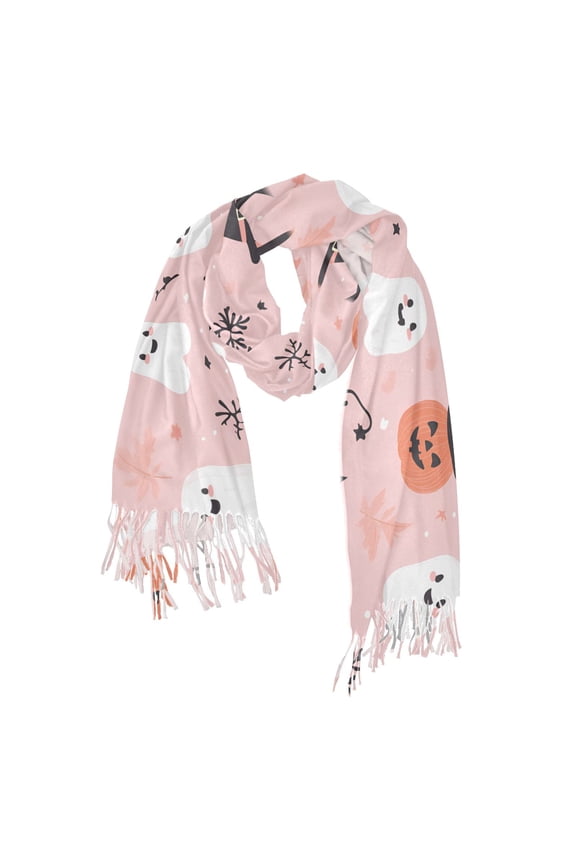 Womens Scarf Winter Soft Long Big Warm Shawls Wrap Tassel Scarves, Pink Halloween Ghosts