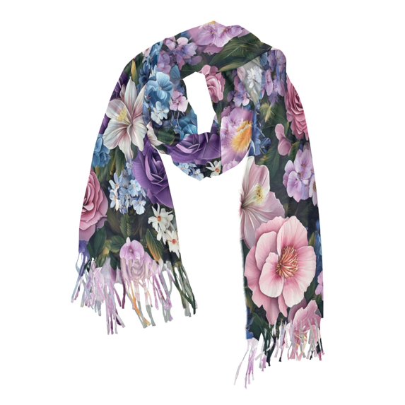 FORMRS Womens Scarf Winter Soft Long Big Warm Shawls Wrap Tassel Scarves, Pink and Purple Flowers