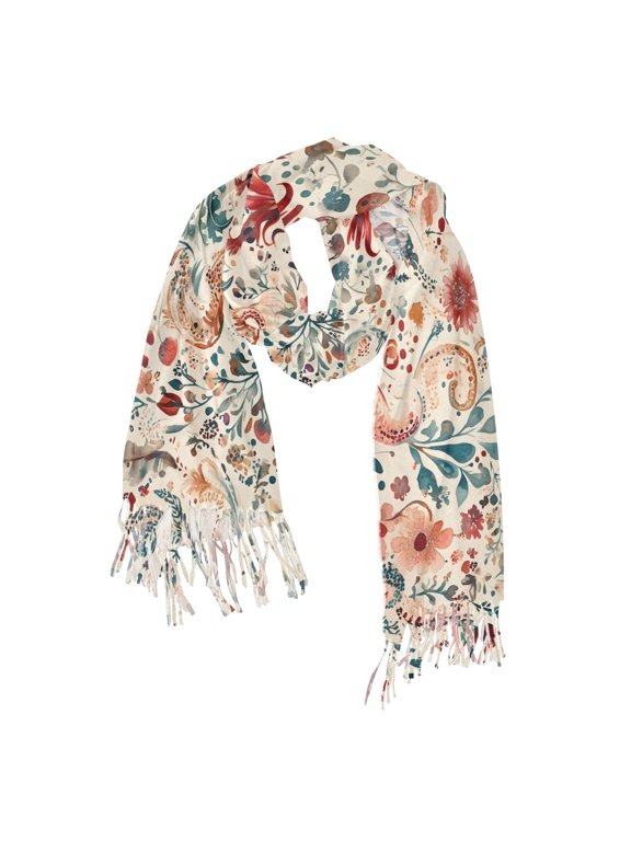 Womens Scarf Winter Soft Long Big Warm Shawls Wrap Tassel Scarves, Watercolor Leaves