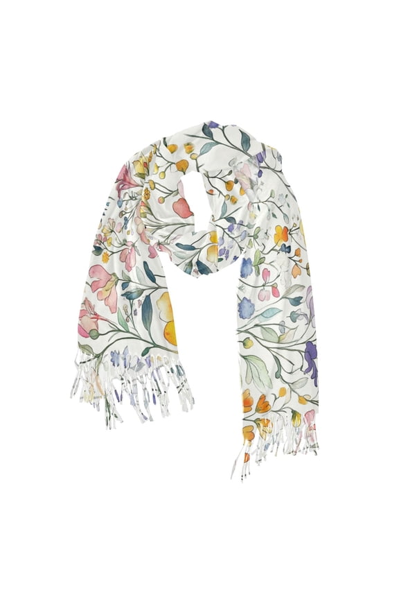 Womens Scarf Winter Soft Long Big Warm Shawls Wrap Tassel Scarves, Watercolor Wildflowers
