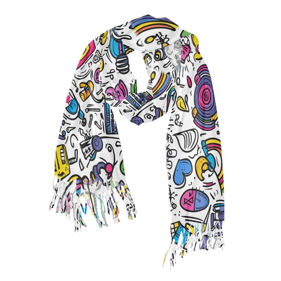 FORMRS Womens Scarf Winter Soft Long Big Warm Shawls Wrap Tassel Scarves, White Doodle Pattern