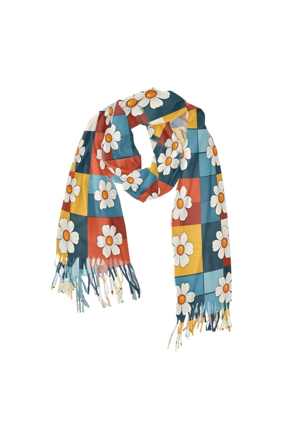 Womens Scarf Winter Soft Long Big Warm Shawls Wrap Tassel Scarves, Yellow Checkered Daisy