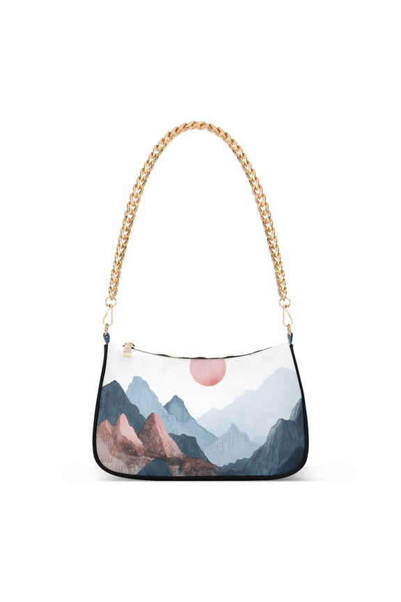 Womens Shoulder Bag with Chain Strap Clutch Purse Cute Tote Handbag, Art Mountain and Sun Pattern