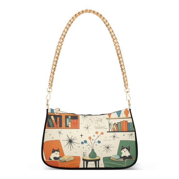 FORMRS Womens Shoulder Bag with Chain Strap Clutch Purse Cute Tote Handbag, Beige Cats Reading
