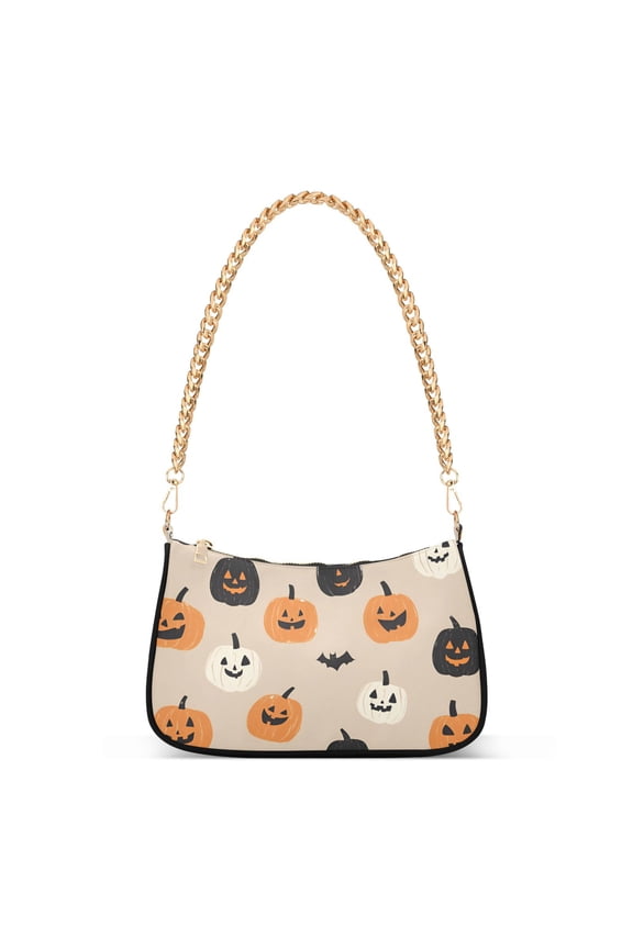 Womens Shoulder Bag with Chain Strap Clutch Purse Cute Tote Handbag, Beige Halloween Pumpkin