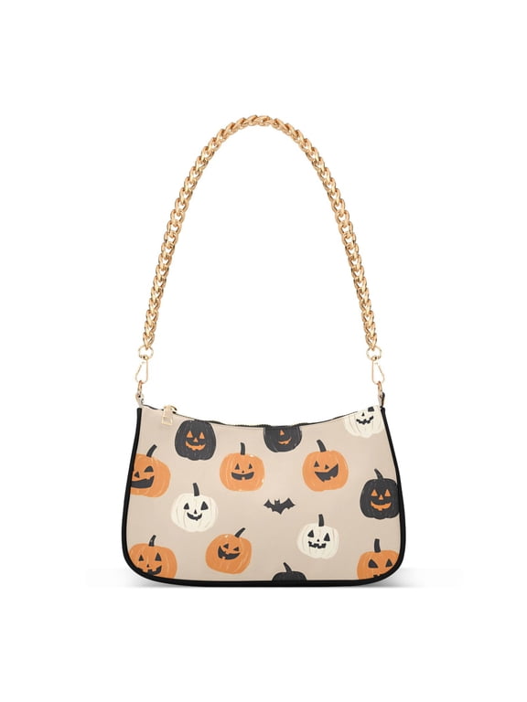 Womens Shoulder Bag with Chain Strap Clutch Purse Cute Tote Handbag, Beige Halloween Pumpkin