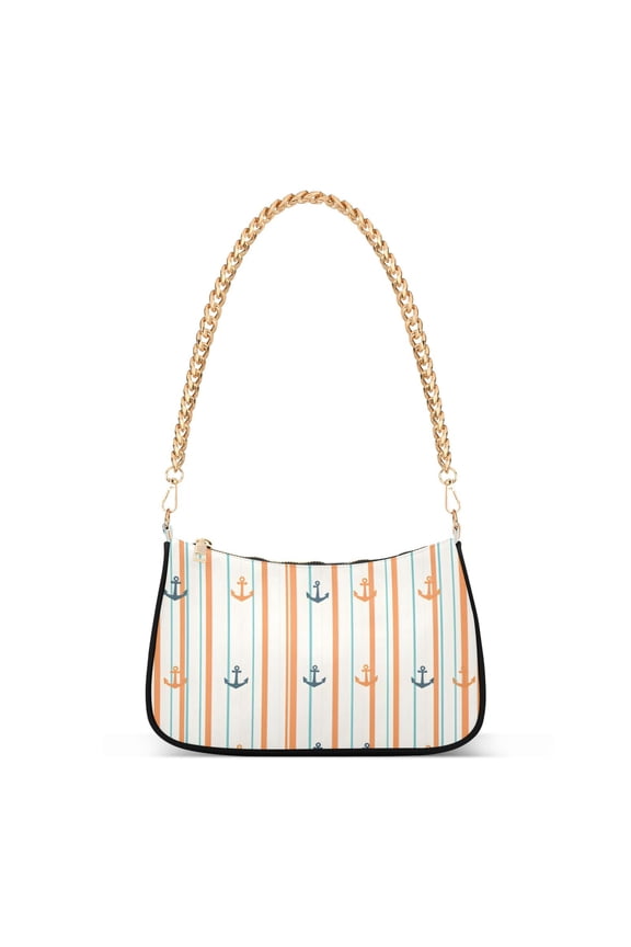 Womens Shoulder Bag with Chain Strap Clutch Purse Cute Tote Handbag, Beige Nautical Pattern