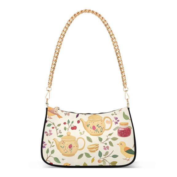 FORMRS Womens Shoulder Bag with Chain Strap Clutch Purse Cute Tote Handbag, Birds Tea Time