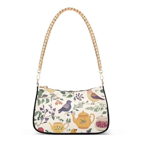 FORMRS Womens Shoulder Bag with Chain Strap Clutch Purse Cute Tote Handbag, Birds and Teapots