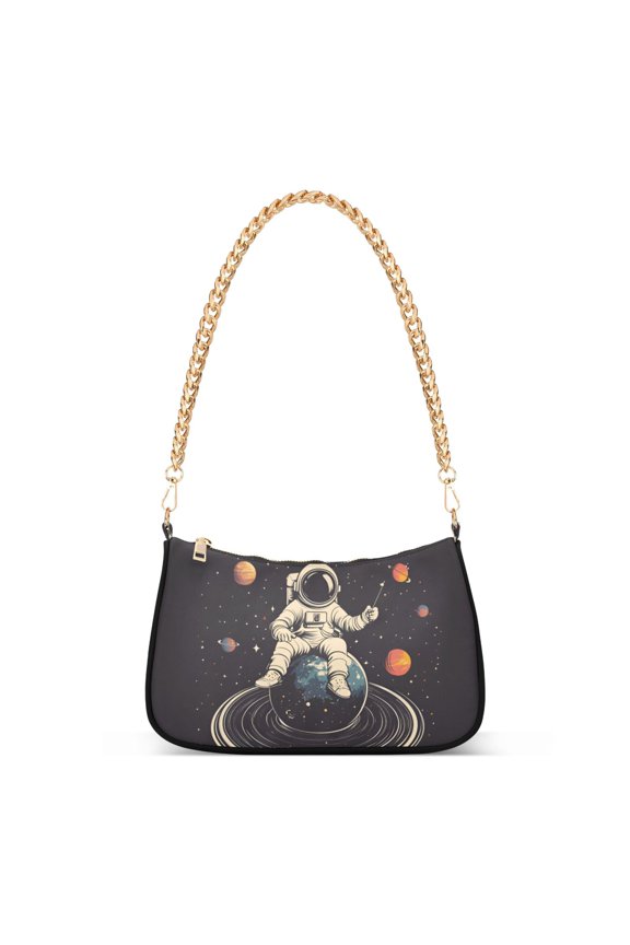 Womens Shoulder Bag with Chain Strap Clutch Purse Cute Tote Handbag, Black Astronaut Space