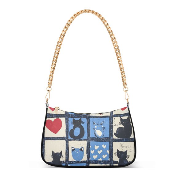 FORMRS Womens Shoulder Bag with Chain Strap Clutch Purse Cute Tote Handbag, Black Cats and Hearts