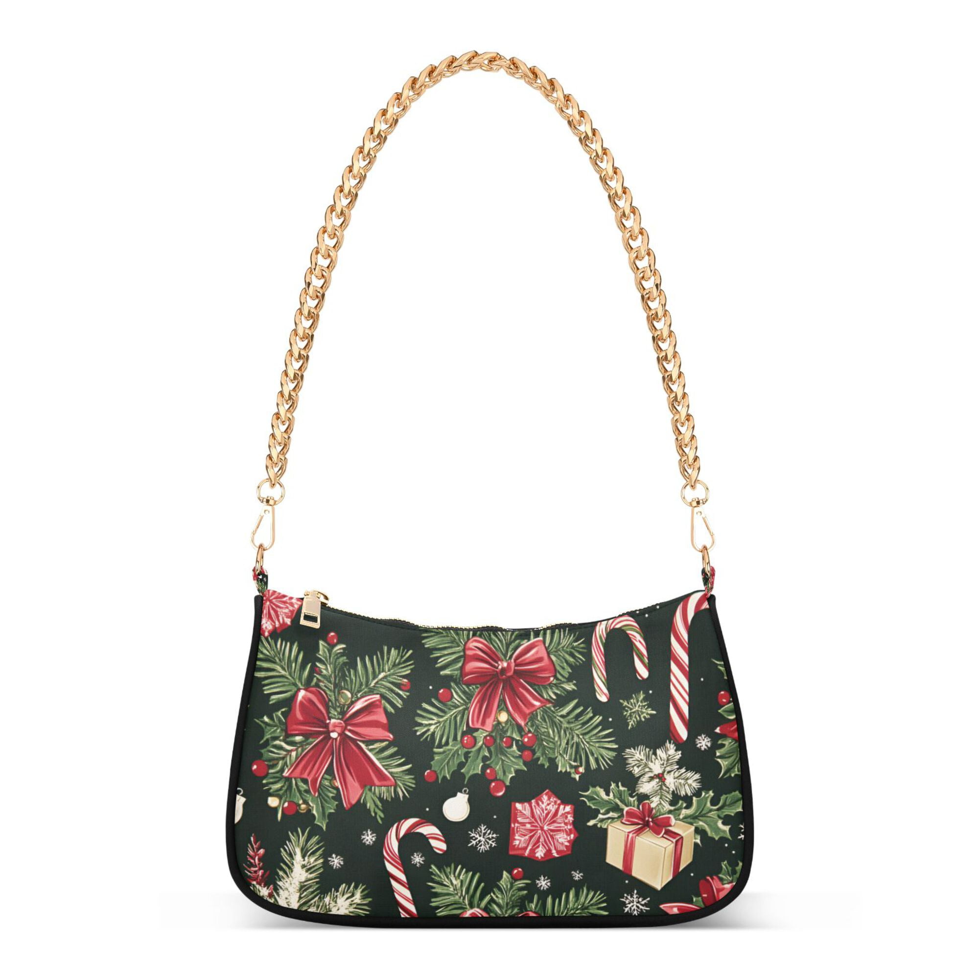 FORMRS Womens Shoulder Bag with Chain Strap Clutch Purse Cute Tote Handbag, Black Christmas Holly