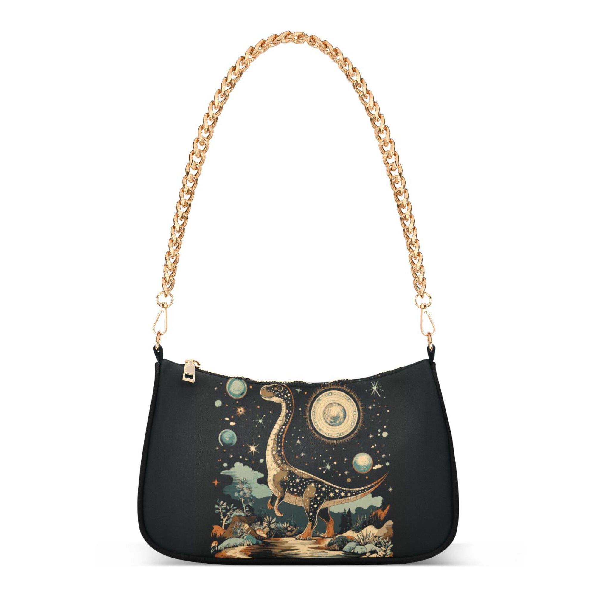 FORMRS Womens Shoulder Bag with Chain Strap Clutch Purse Cute Tote Handbag, Black Dinosaur