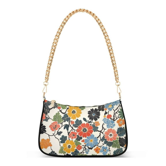 FORMRS Womens Shoulder Bag with Chain Strap Clutch Purse Cute Tote Handbag, Black Flowers Pattern