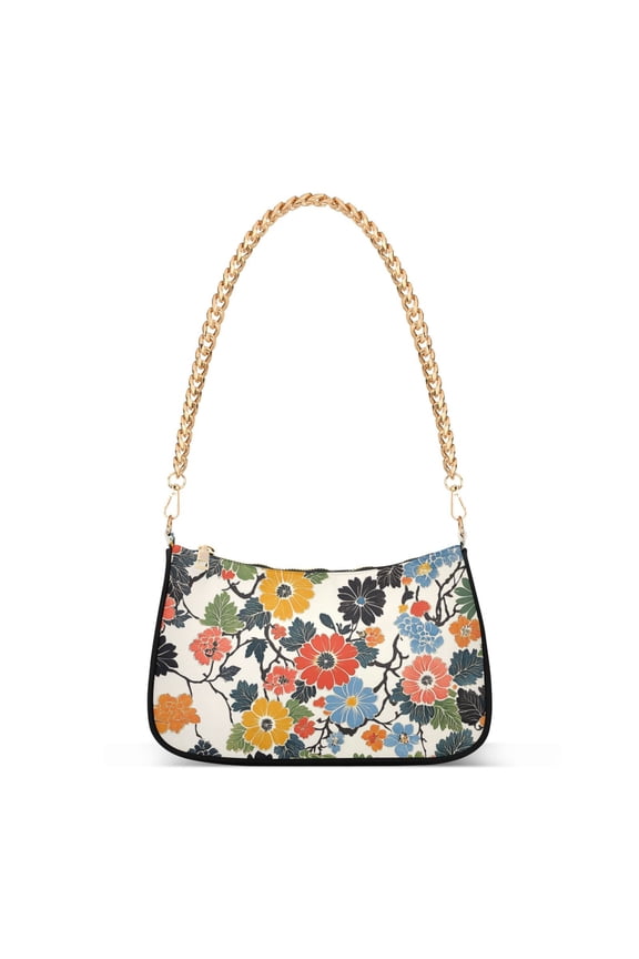 Womens Shoulder Bag with Chain Strap Clutch Purse Cute Tote Handbag, Black Flowers Pattern