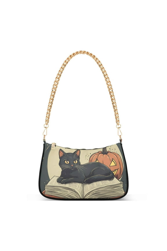 Womens Shoulder Bag with Chain Strap Clutch Purse Cute Tote Handbag, Black Halloween Cat
