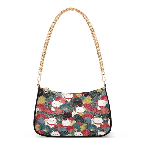 FORMRS Womens Shoulder Bag with Chain Strap Clutch Purse Cute Tote Handbag, Black Lucky Cat