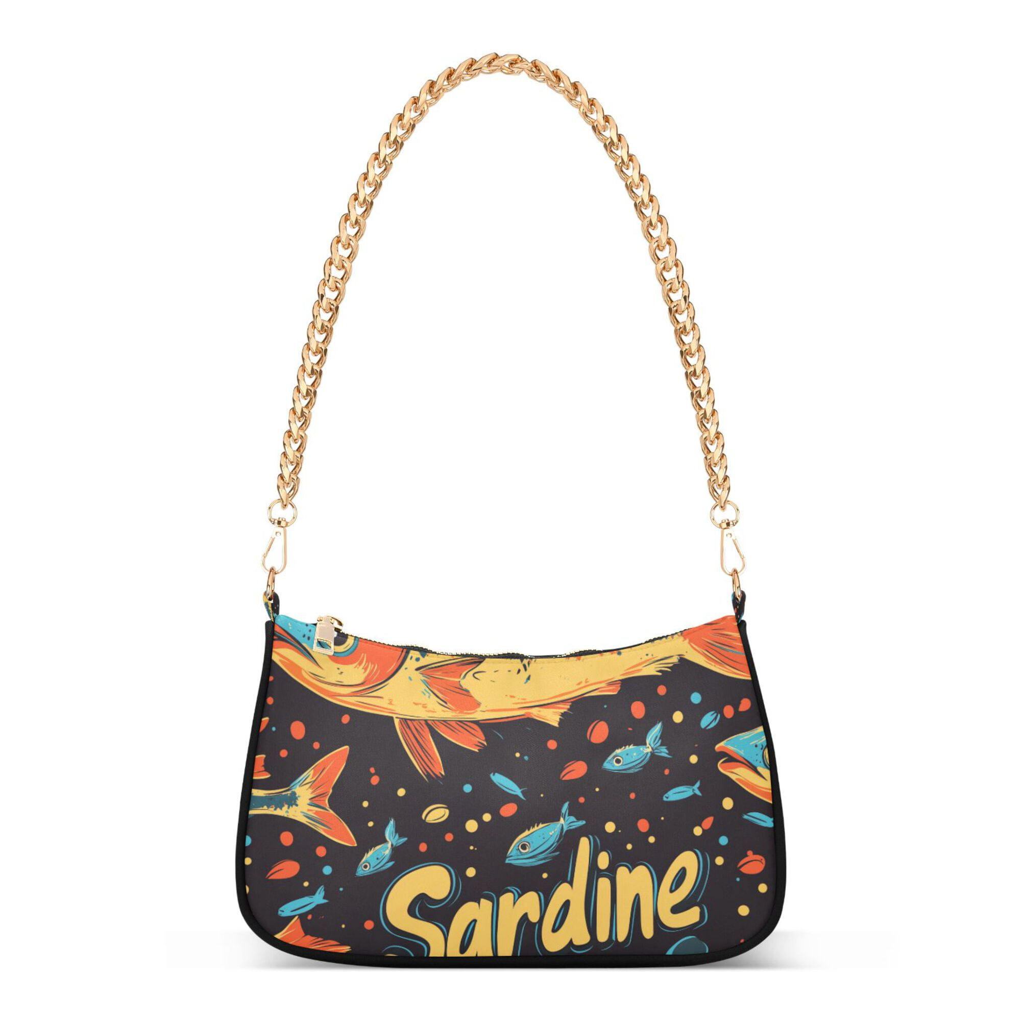 FORMRS Womens Shoulder Bag with Chain Strap Clutch Purse Cute Tote Handbag, Black Sardines Pattern