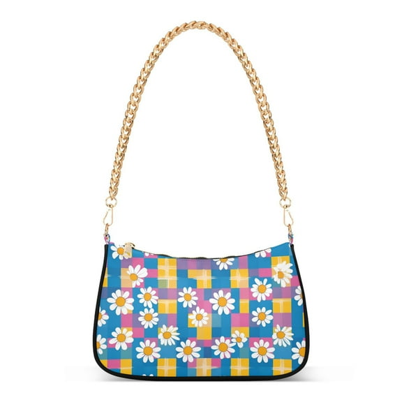 FORMRS Womens Shoulder Bag with Chain Strap Clutch Purse Cute Tote Handbag, Blue Checkered Daisy