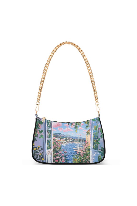 Womens Shoulder Bag with Chain Strap Clutch Purse Cute Tote Handbag, Blue Floral Window