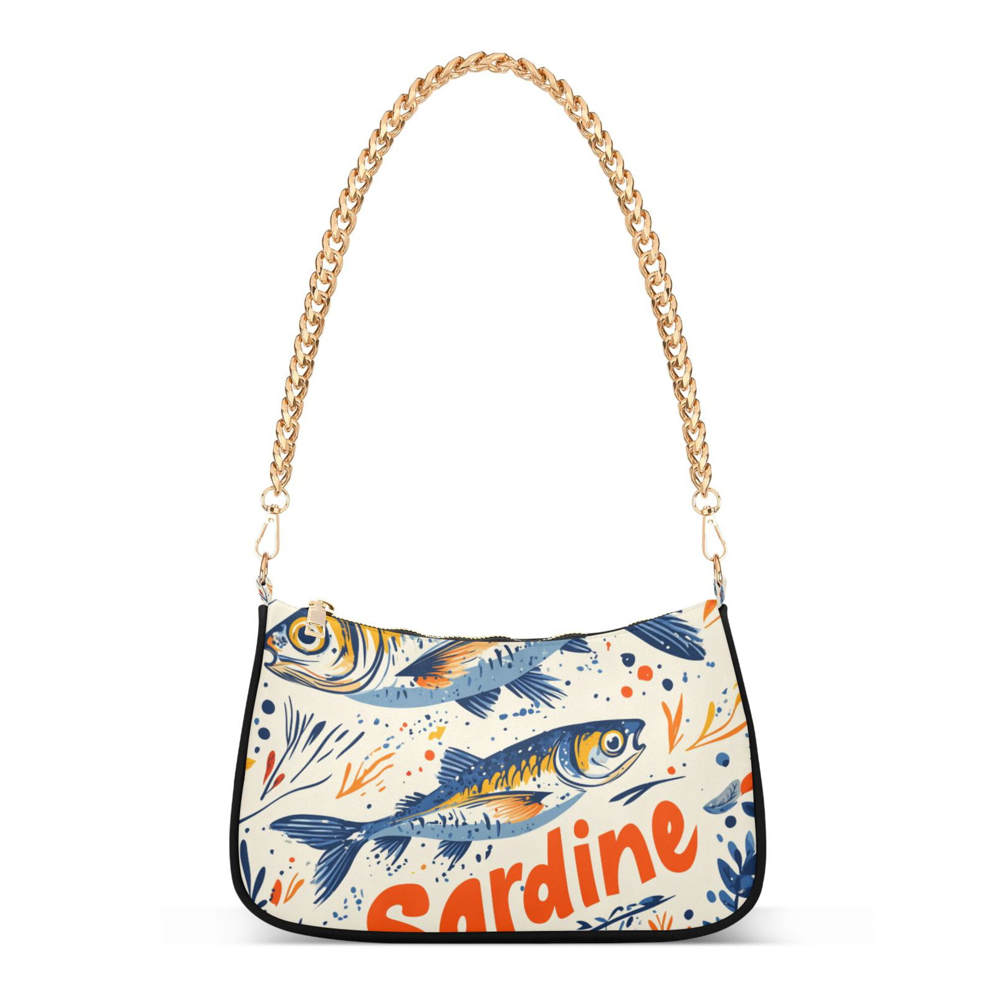 FORMRS Womens Shoulder Bag with Chain Strap Clutch Purse Cute Tote Handbag, Blue Sardines Pattern