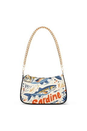 Womens Shoulder Bag with Chain Strap Clutch Purse Cute Tote Handbag, Blue Sardines Pattern